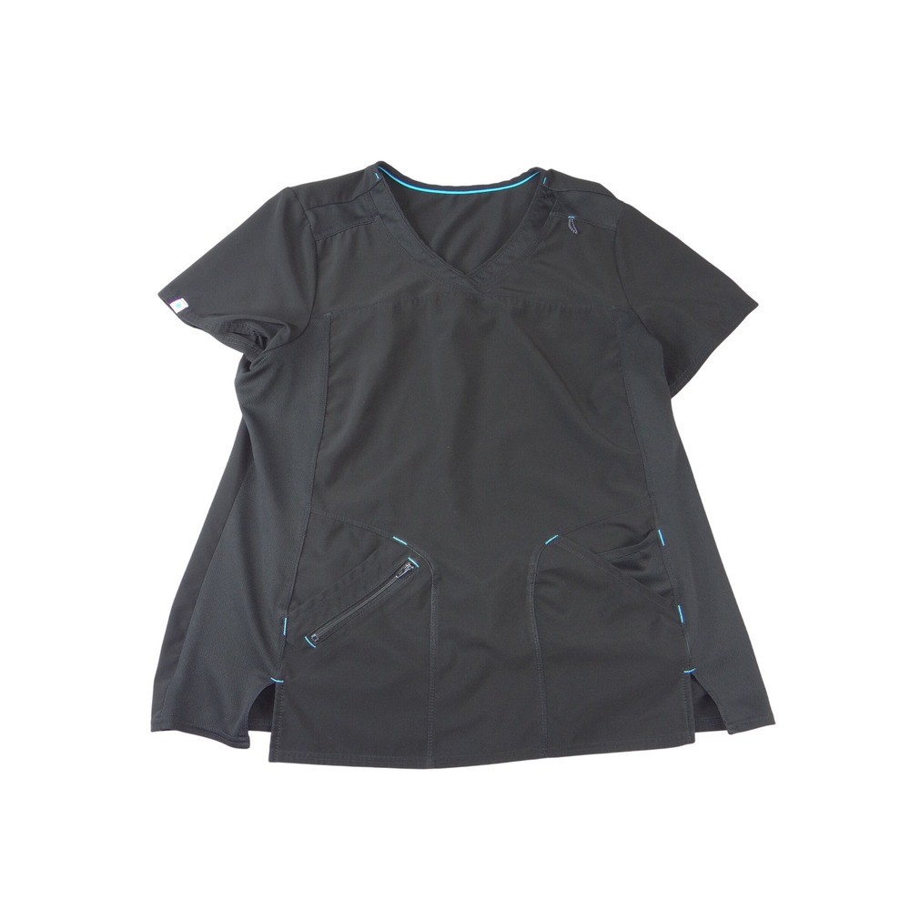 Healing Hands Black V-Neck Mesh Panel Scrub Top Zipper Pocket Short Sleeve